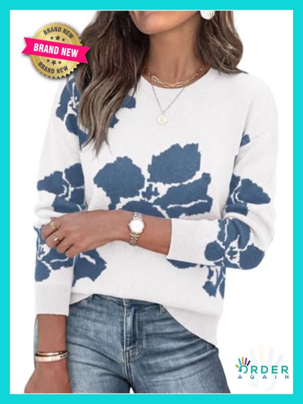 Women's Floral Pullover Sweater Crewneck Knit Long Sleeve